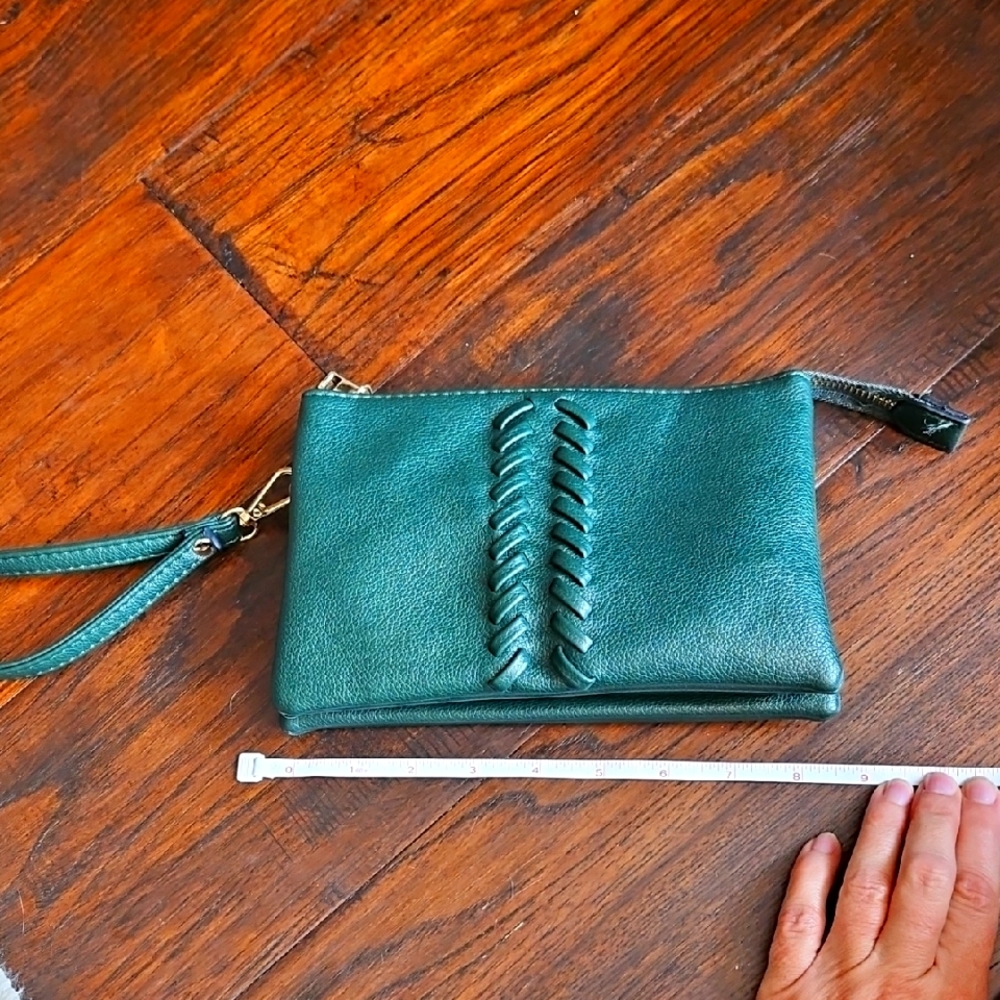 Green Leather Wristlet Clutch with shoulder strap